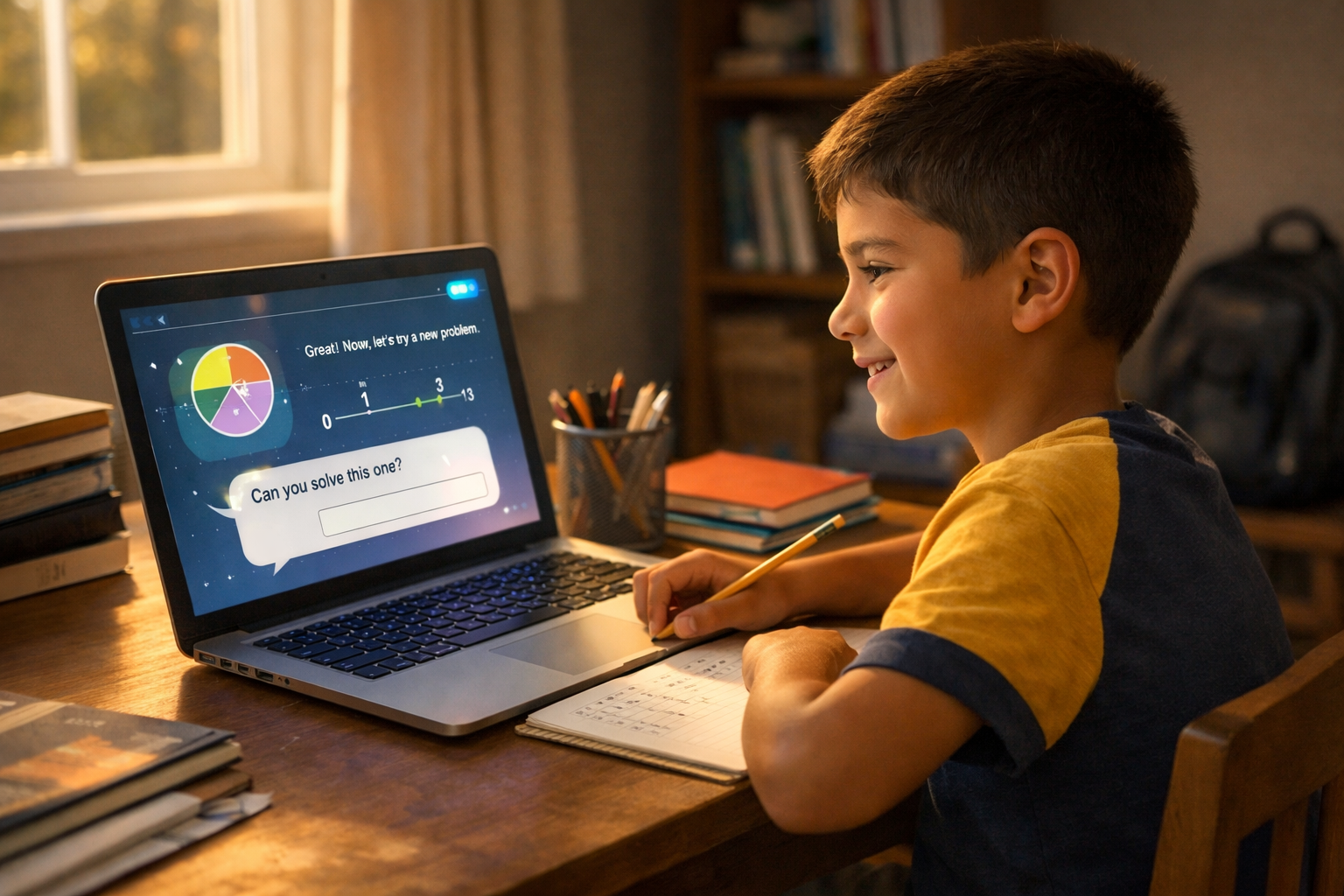 Student learning fractions with voice and whiteboard